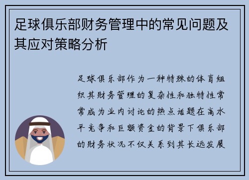 足球俱乐部财务管理中的常见问题及其应对策略分析