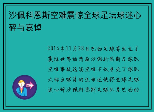 沙佩科恩斯空难震惊全球足坛球迷心碎与哀悼